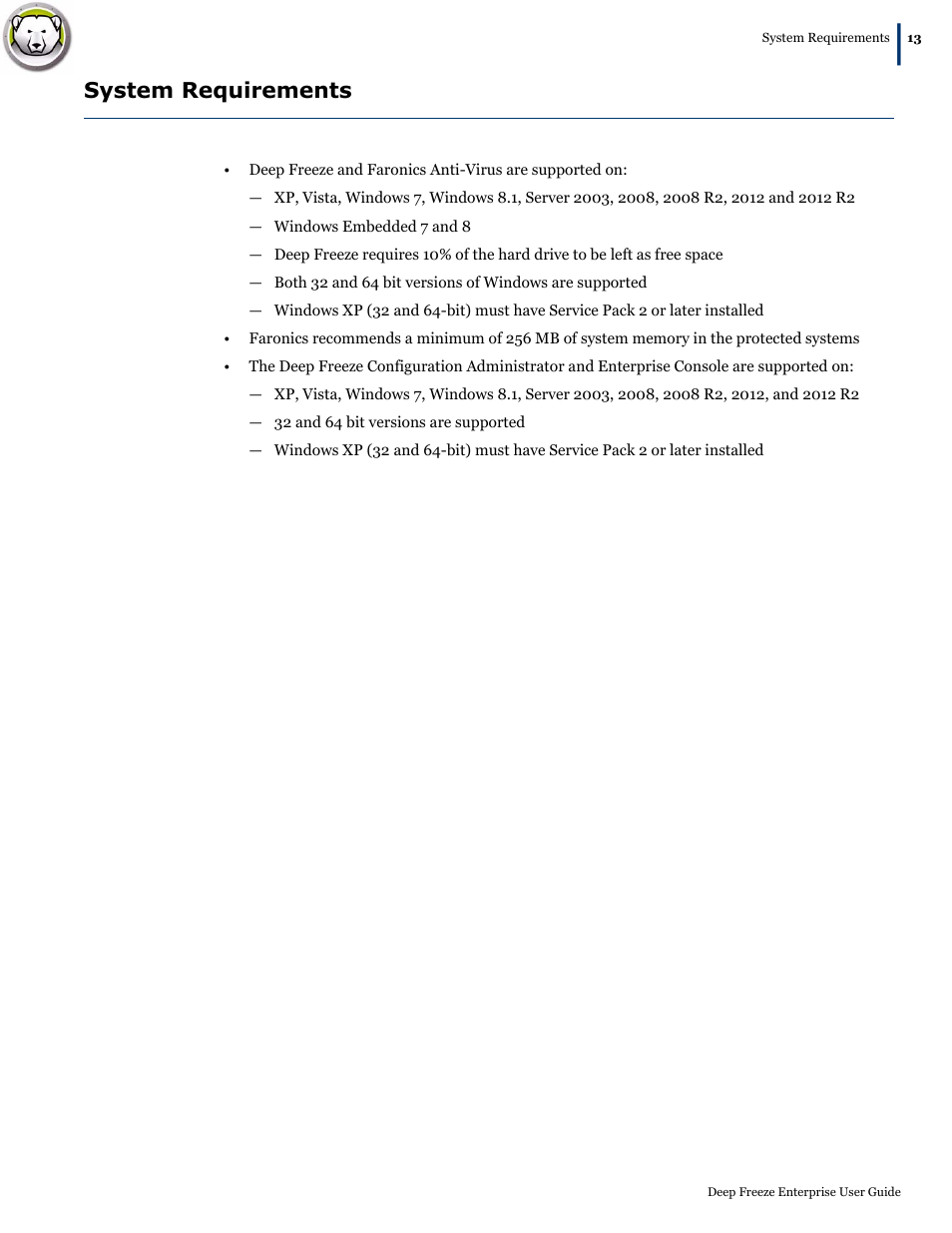 System requirements | Faronics Deep Freeze Enterprise User Manual | Page 13 / 184