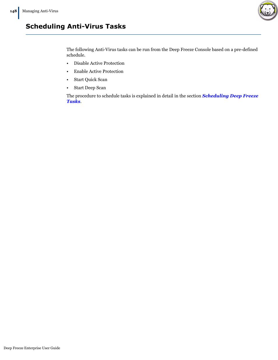 Scheduling anti-virus tasks | Faronics Deep Freeze Enterprise User Manual | Page 148 / 184