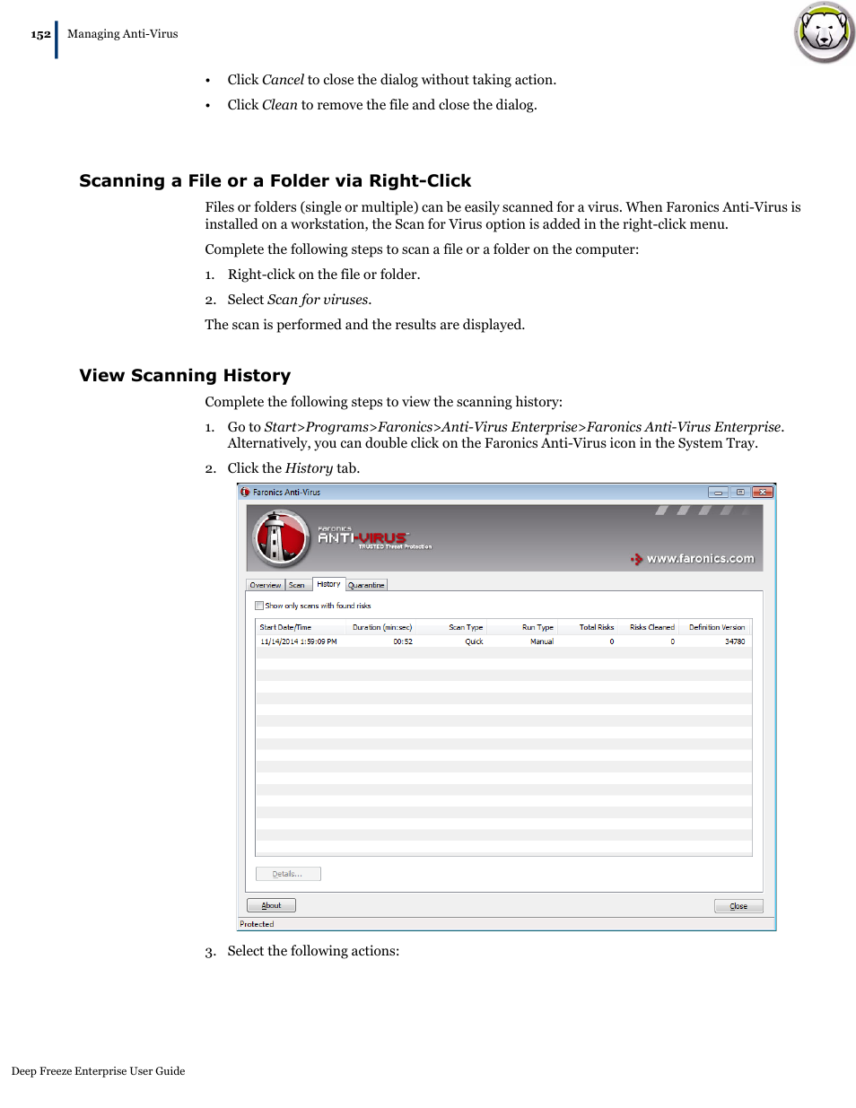 Scanning a file or a folder via right-click, View scanning history | Faronics Deep Freeze Enterprise User Manual | Page 152 / 184