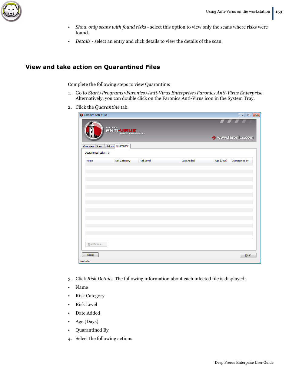 View and take action on quarantined files | Faronics Deep Freeze Enterprise User Manual | Page 153 / 184