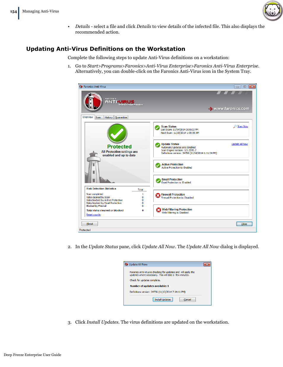 Updating anti-virus definitions on the workstation | Faronics Deep Freeze Enterprise User Manual | Page 154 / 184