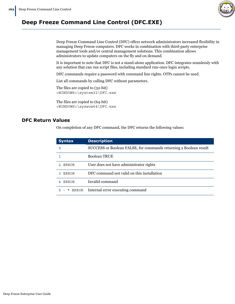 Deep freeze command line control (dfc.exe), Dfc return values | Faronics Deep Freeze Enterprise User Manual | Page 162 / 184