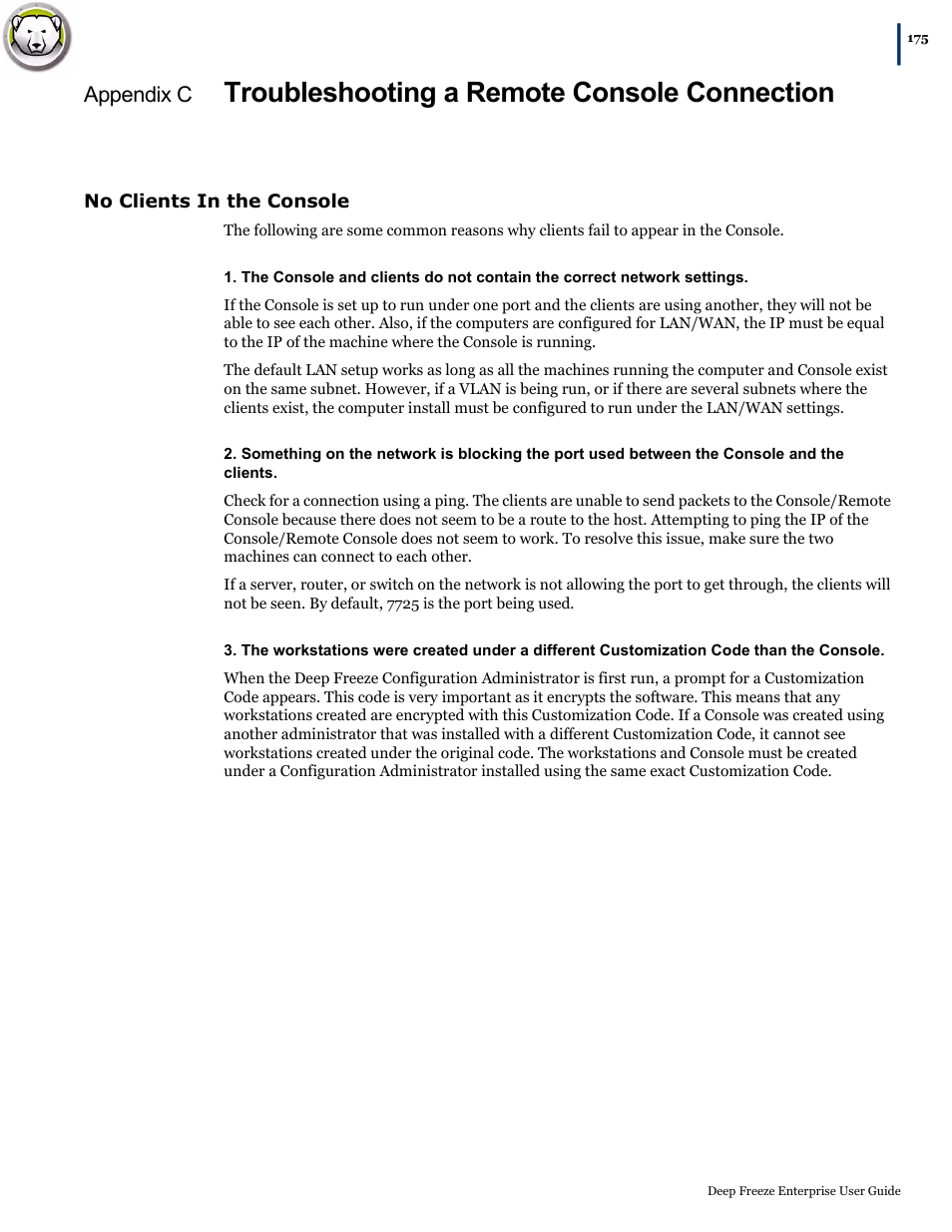 No clients in the console, Troubleshooting a remote console connection | Faronics Deep Freeze Enterprise User Manual | Page 175 / 184