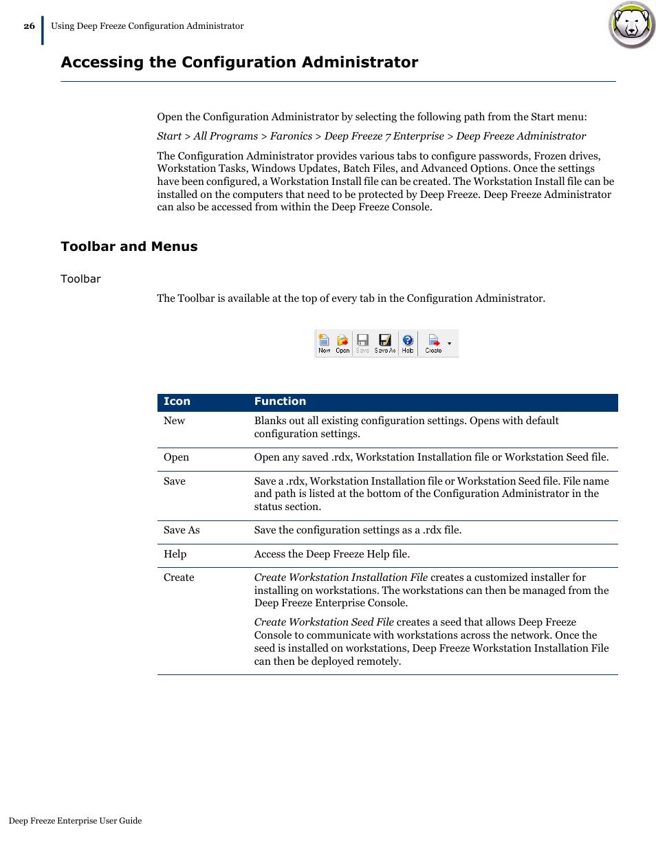 Accessing the configuration administrator, Toolbar and menus | Faronics Deep Freeze Enterprise User Manual | Page 26 / 184