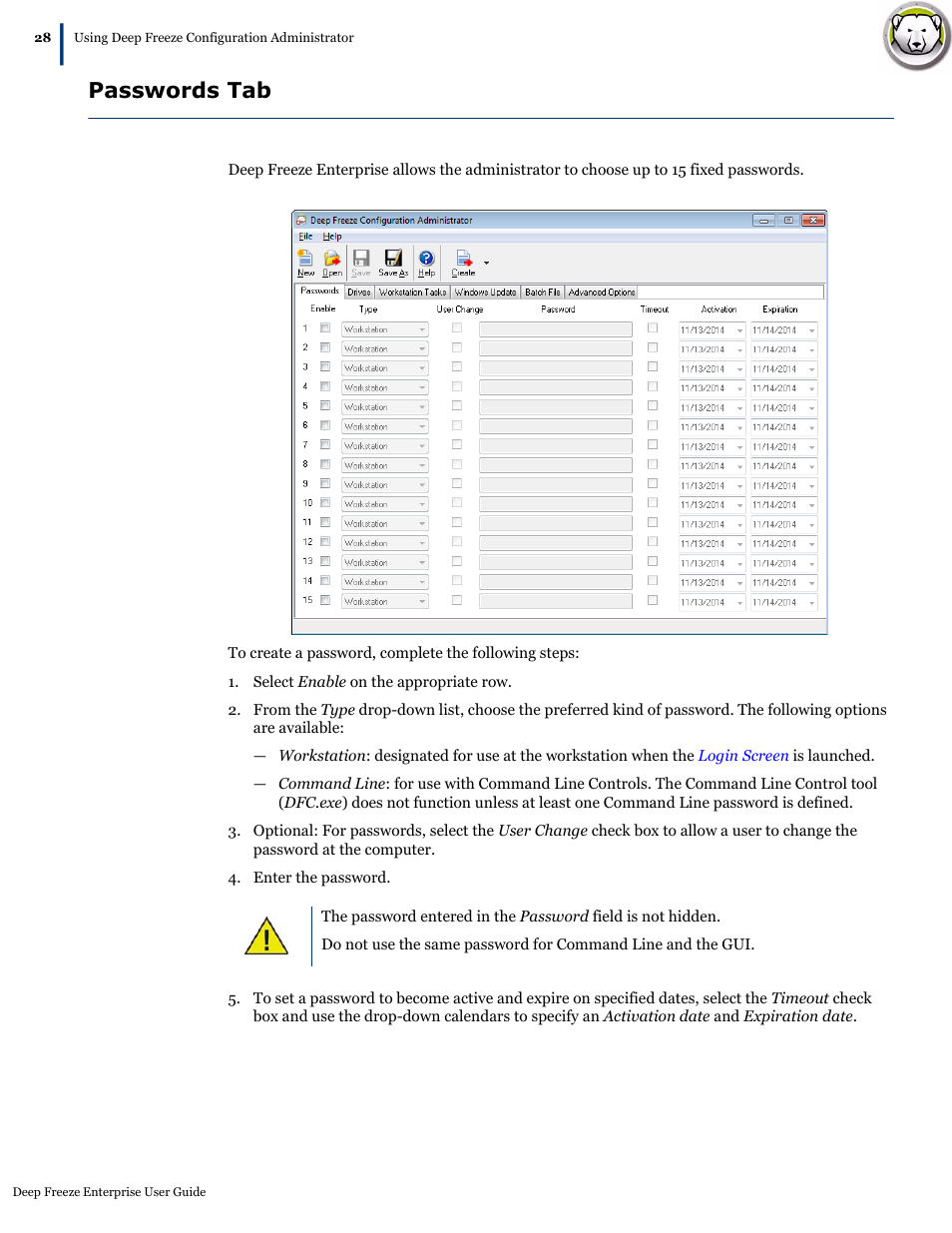 Passwords tab | Faronics Deep Freeze Enterprise User Manual | Page 28 / 184