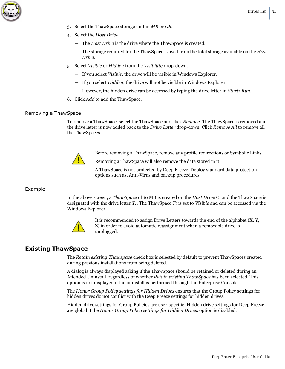 Existing thawspace | Faronics Deep Freeze Enterprise User Manual | Page 31 / 184