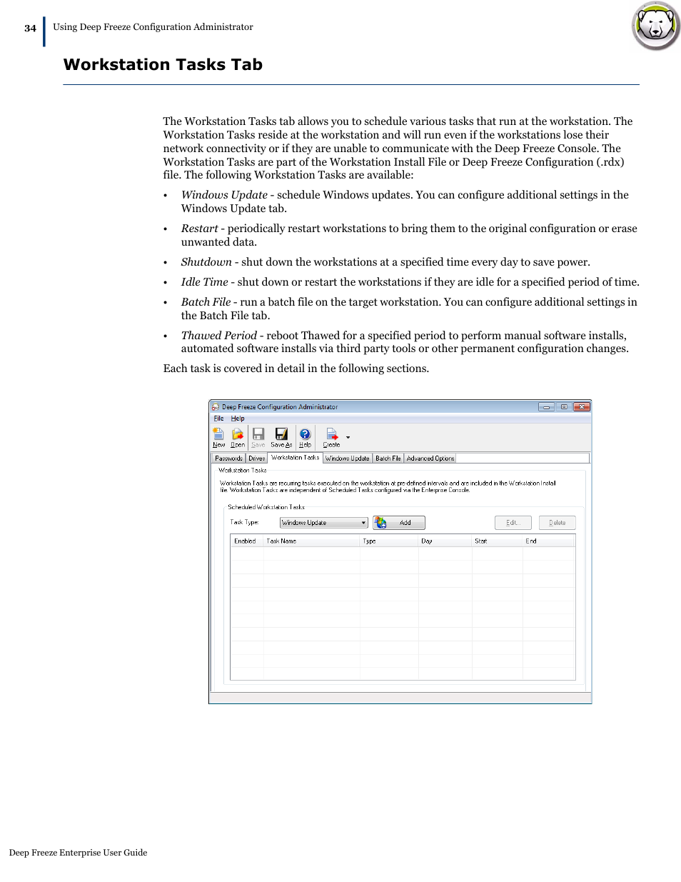 Workstation tasks tab | Faronics Deep Freeze Enterprise User Manual | Page 34 / 184
