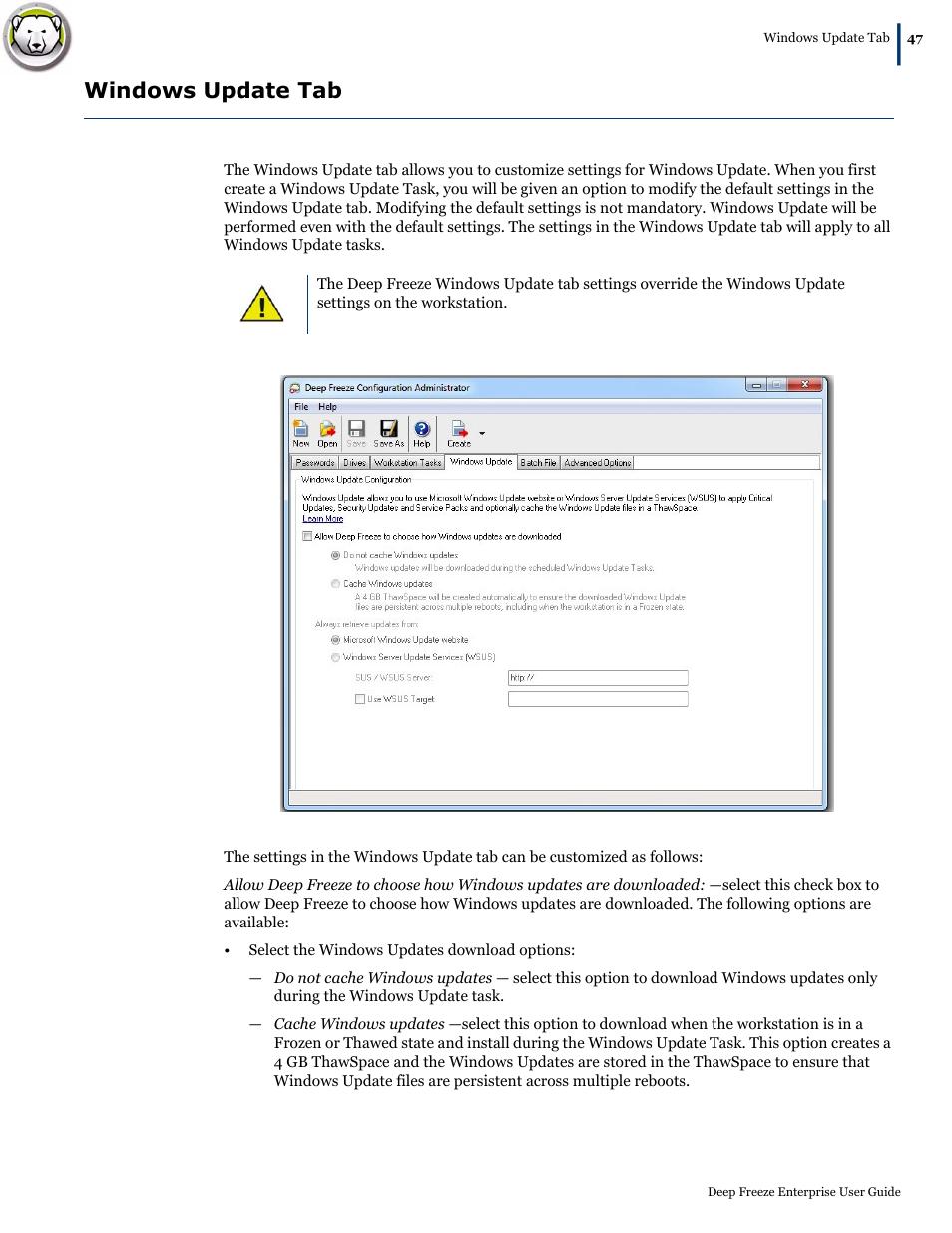 Windows update tab | Faronics Deep Freeze Enterprise User Manual | Page 47 / 184