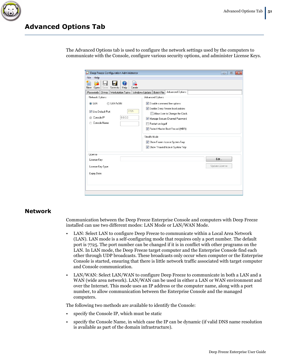 Advanced options tab, Network | Faronics Deep Freeze Enterprise User Manual | Page 51 / 184