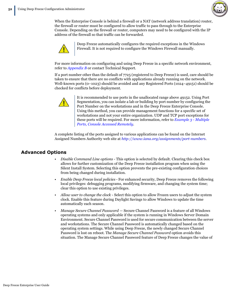 Advanced options | Faronics Deep Freeze Enterprise User Manual | Page 52 / 184