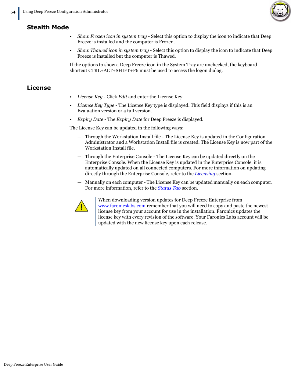 Stealth mode, License, Stealth mode license | Faronics Deep Freeze Enterprise User Manual | Page 54 / 184