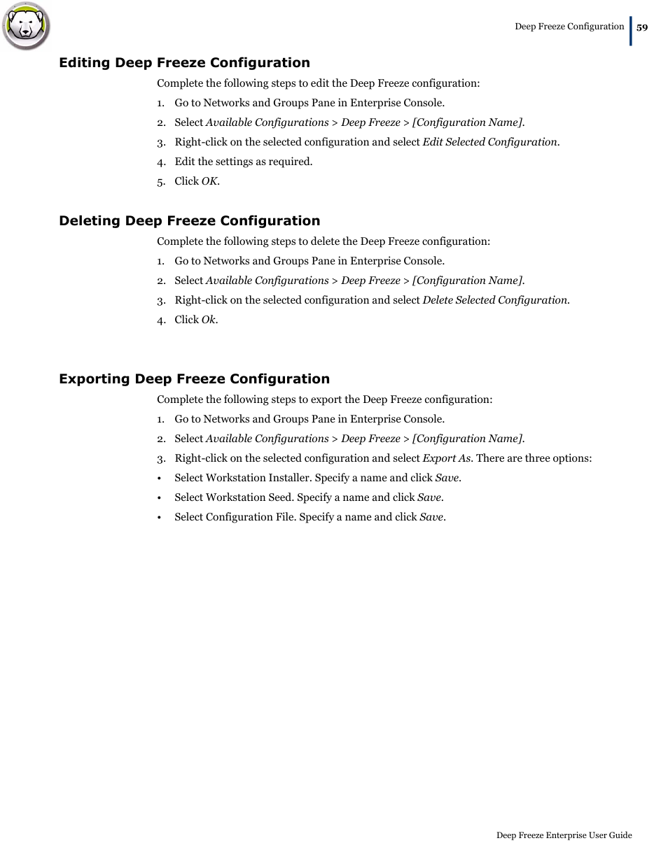 Editing deep freeze configuration, Deleting deep freeze configuration, Exporting deep freeze configuration | Faronics Deep Freeze Enterprise User Manual | Page 59 / 184