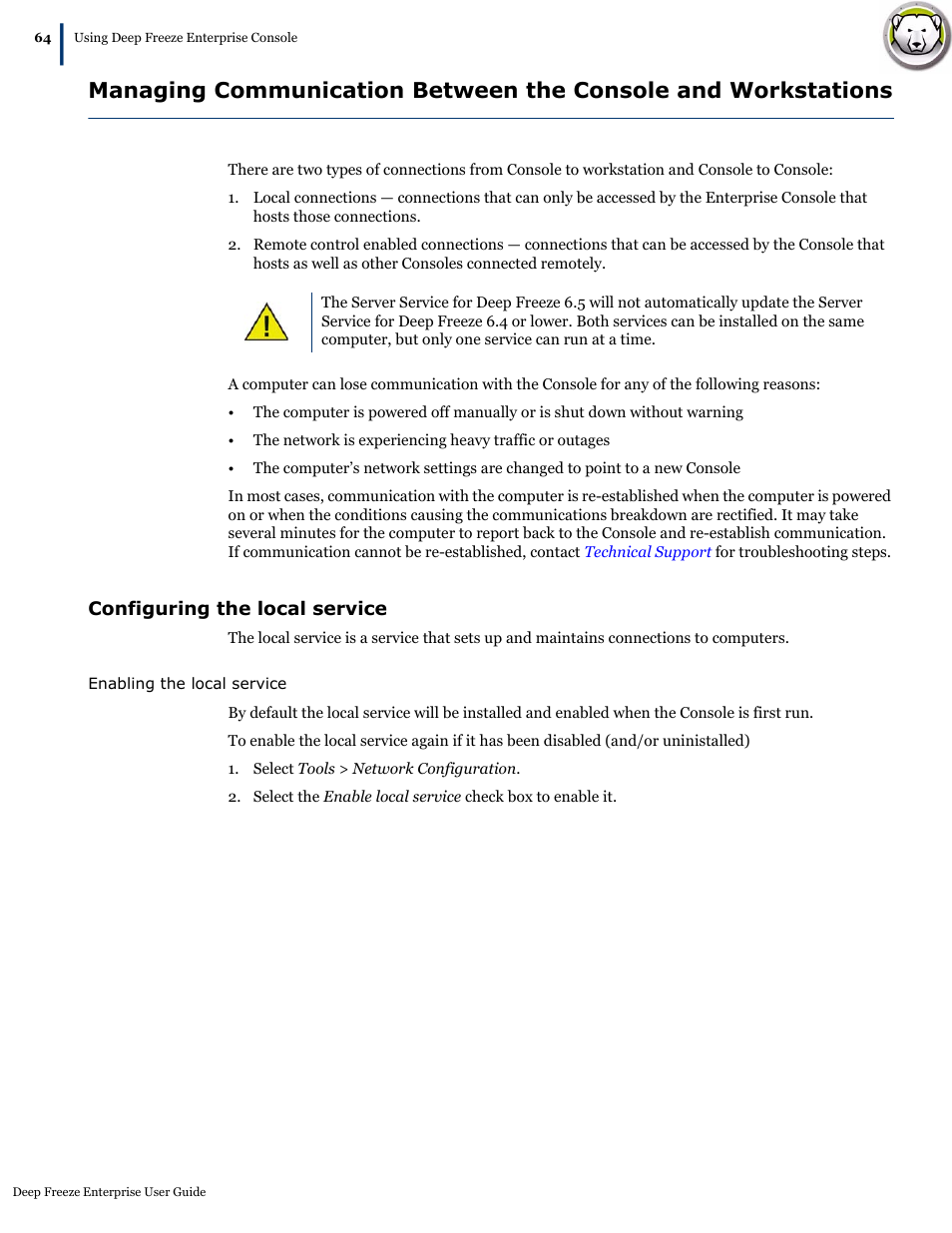 Configuring the local service | Faronics Deep Freeze Enterprise User Manual | Page 64 / 184