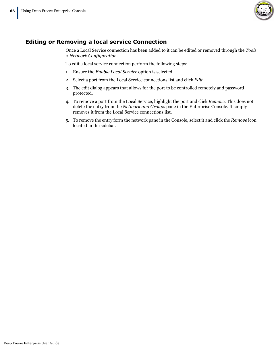 Editing or removing a local service connection | Faronics Deep Freeze Enterprise User Manual | Page 66 / 184