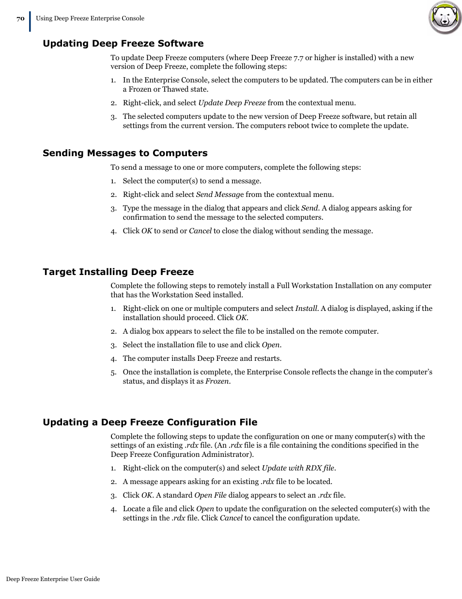 Updating deep freeze software, Sending messages to computers, Target installing deep freeze | Updating a deep freeze configuration file | Faronics Deep Freeze Enterprise User Manual | Page 70 / 184