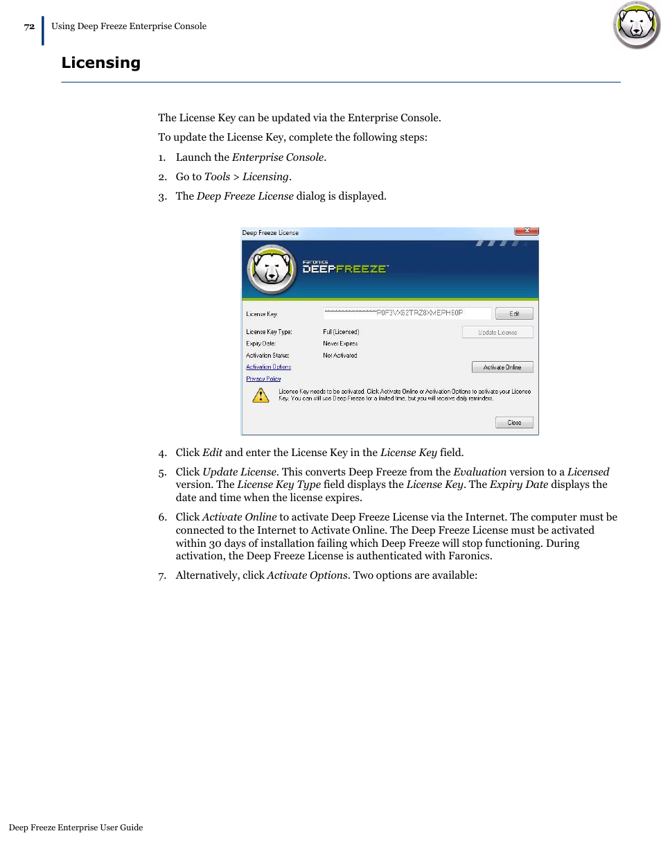 Licensing | Faronics Deep Freeze Enterprise User Manual | Page 72 / 184