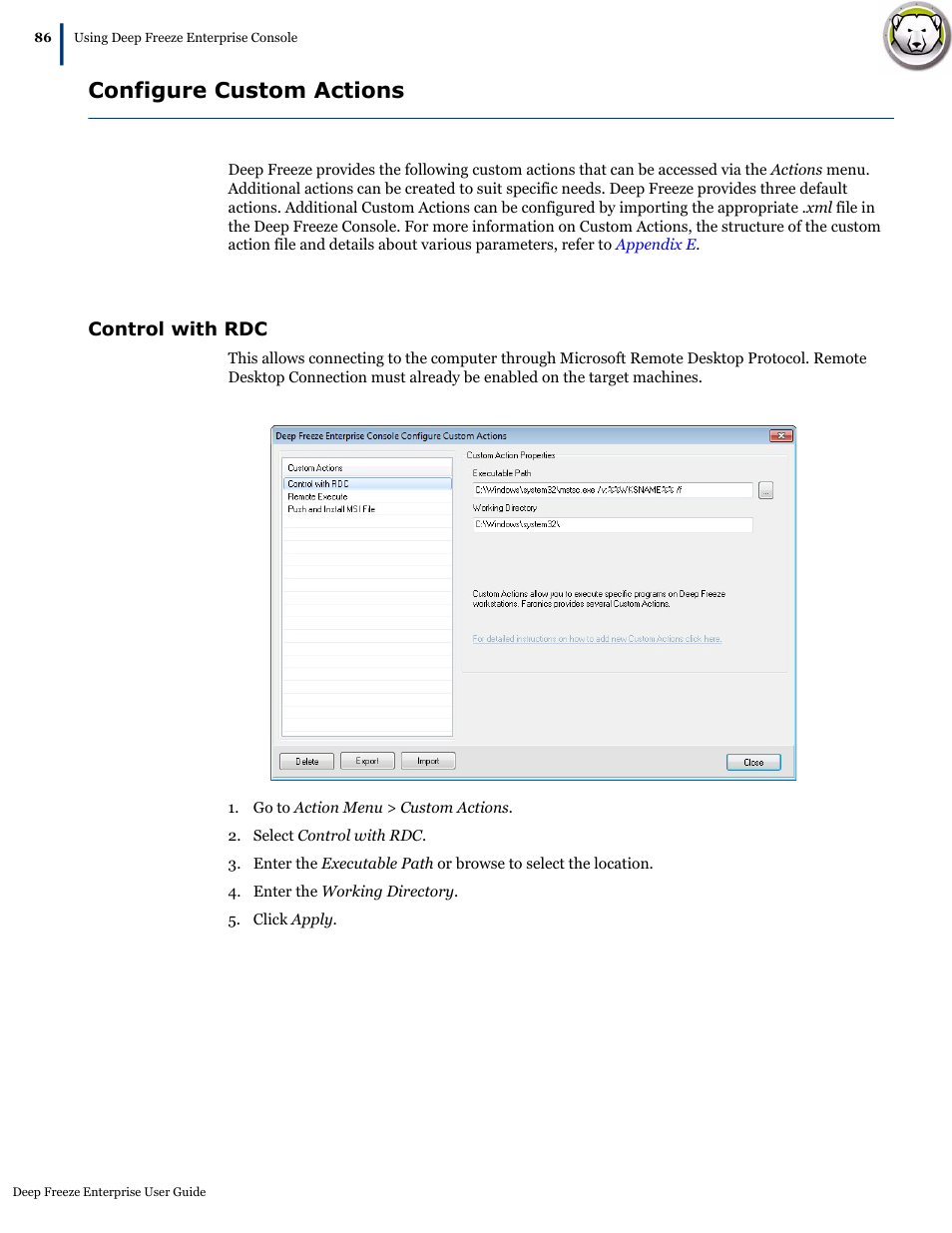 Configure custom actions, Control with rdc | Faronics Deep Freeze Enterprise User Manual | Page 86 / 184