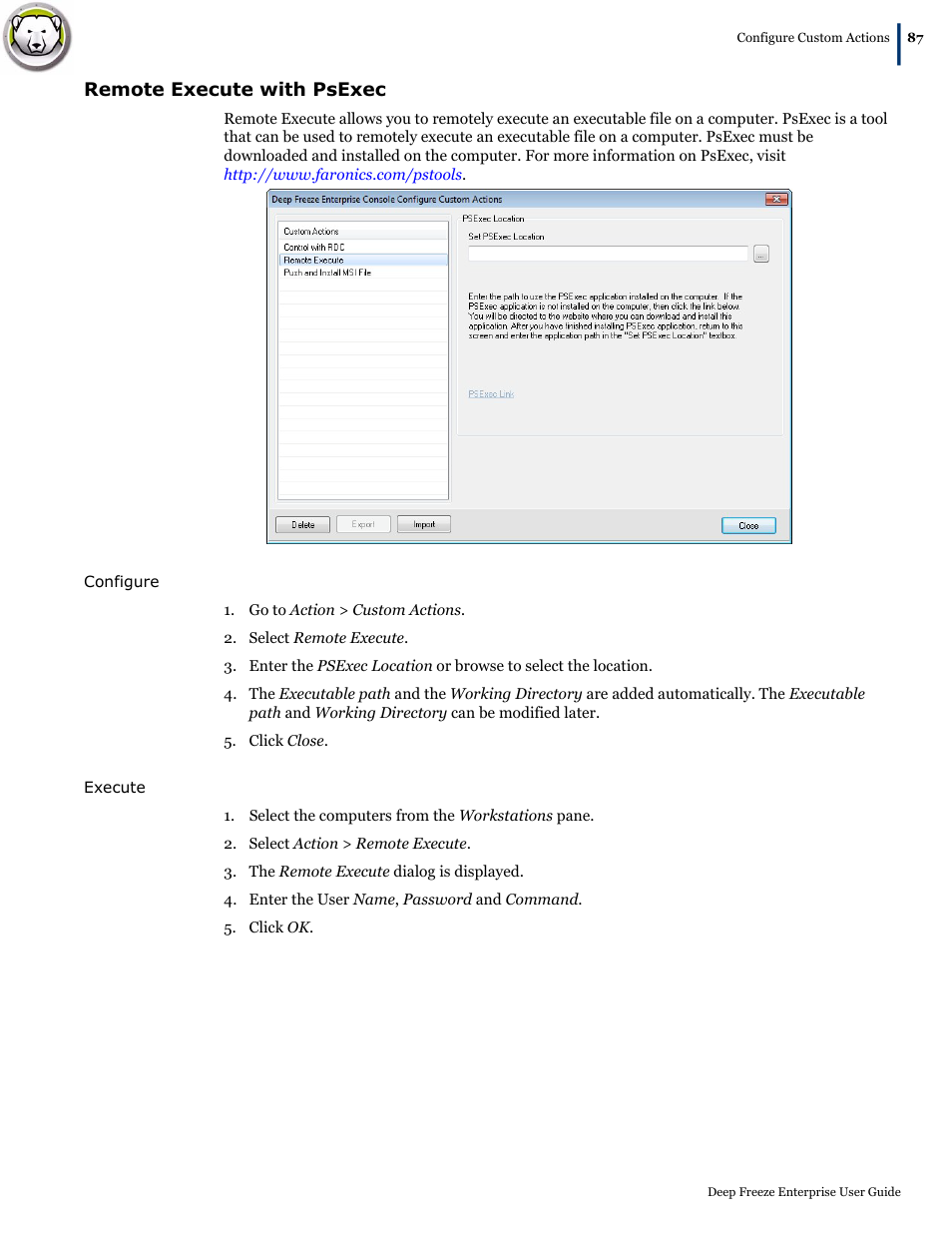 Remote execute with psexec | Faronics Deep Freeze Enterprise User Manual | Page 87 / 184