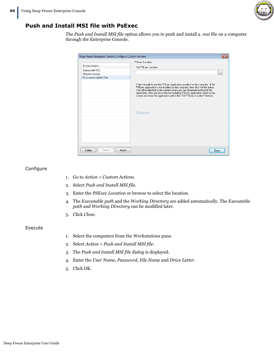 Push and install msi file with psexec | Faronics Deep Freeze Enterprise User Manual | Page 88 / 184