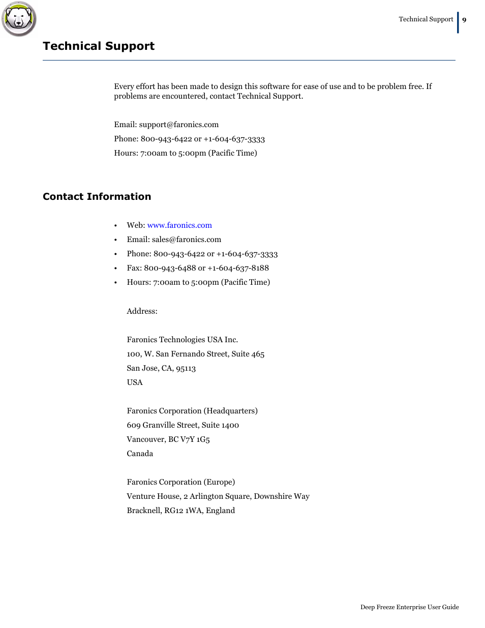 Technical support, Contact information | Faronics Deep Freeze Enterprise User Manual | Page 9 / 184