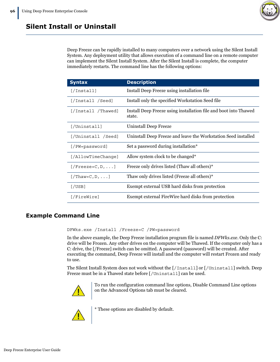 Silent install or uninstall, Example command line | Faronics Deep Freeze Enterprise User Manual | Page 96 / 184