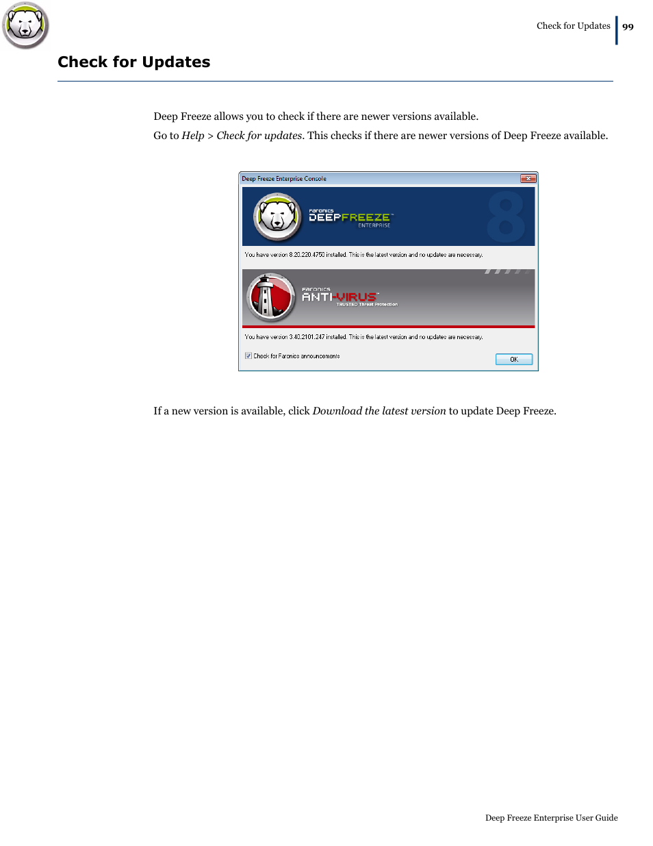 Check for updates | Faronics Deep Freeze Enterprise User Manual | Page 99 / 184