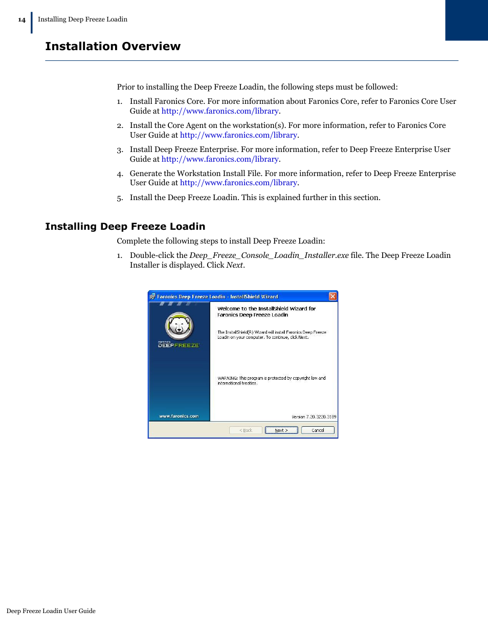 Installation overview, Installing deep freeze loadin | Faronics Deep Freeze Loadin User Manual | Page 14 / 40
