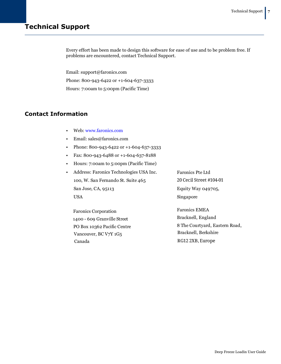 Technical support, Contact information | Faronics Deep Freeze Loadin User Manual | Page 7 / 40