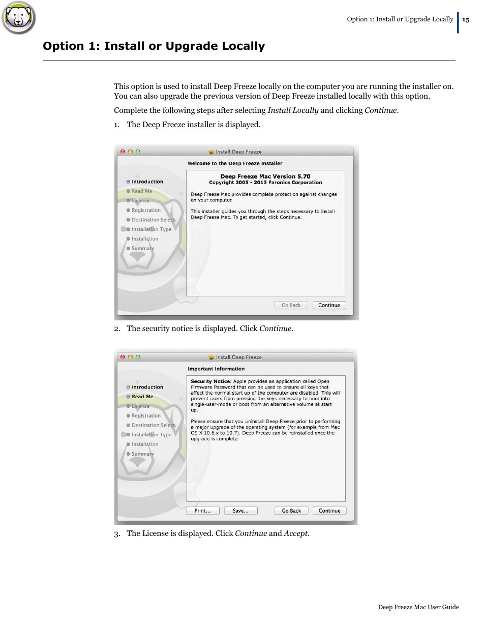 Option 1: install or upgrade locally | Faronics Deep Freeze Mac User Manual | Page 15 / 66