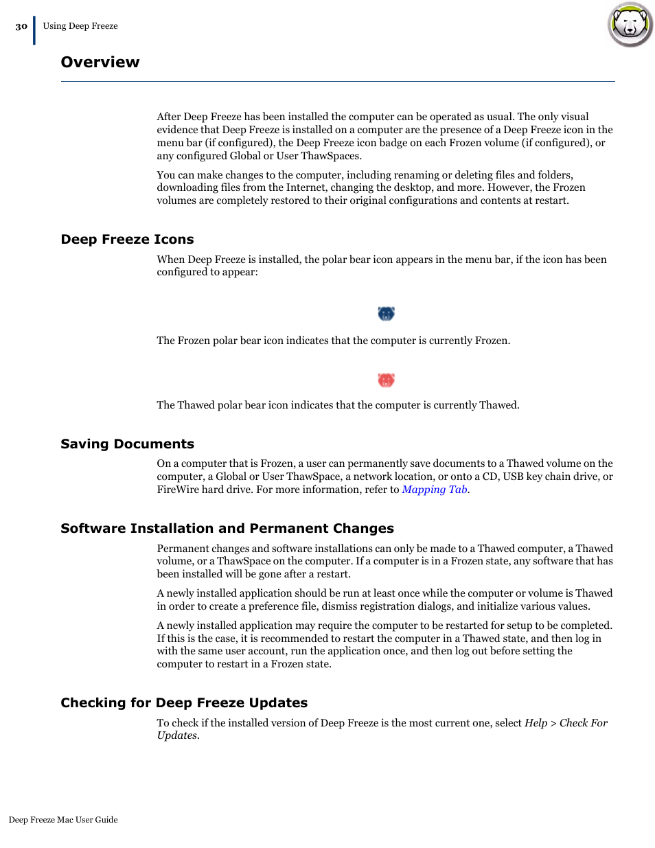 Overview, Deep freeze icons, Saving documents | Software installation and permanent changes, Checking for deep freeze updates | Faronics Deep Freeze Mac User Manual | Page 30 / 66