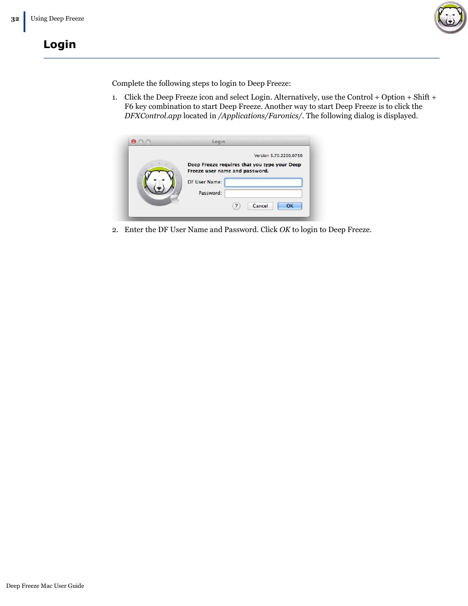 Login | Faronics Deep Freeze Mac User Manual | Page 32 / 66