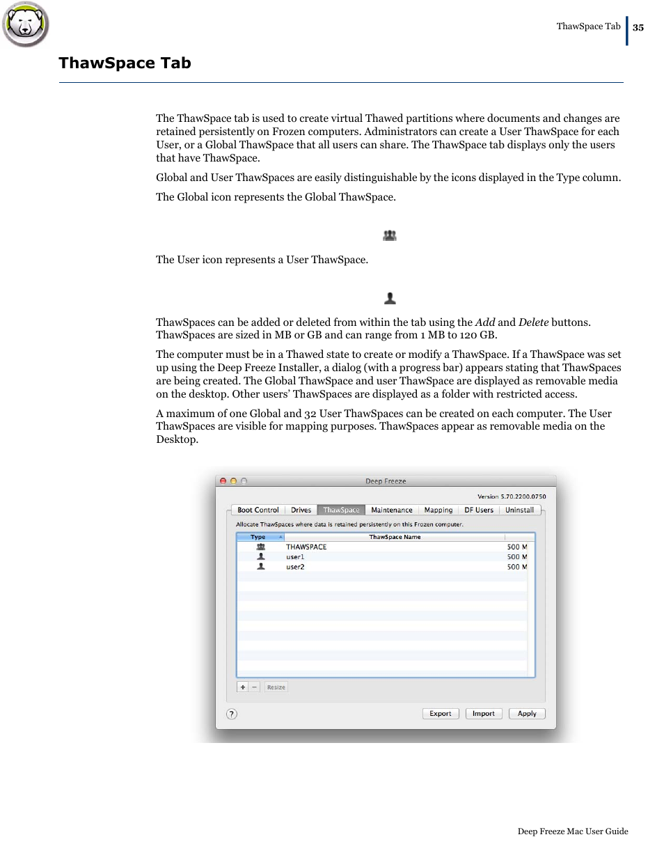 Thawspace tab | Faronics Deep Freeze Mac User Manual | Page 35 / 66