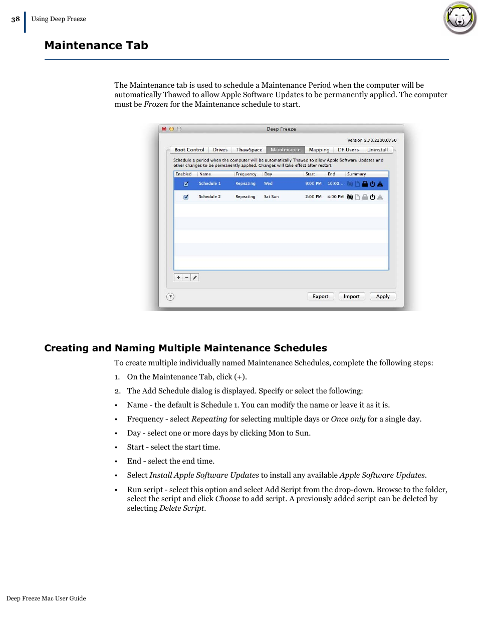 Maintenance tab, Creating and naming multiple maintenance schedules | Faronics Deep Freeze Mac User Manual | Page 38 / 66