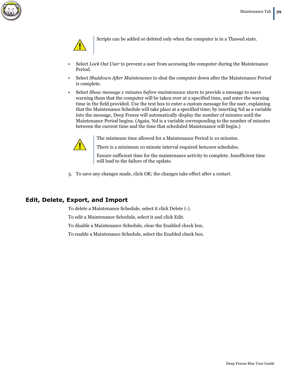 Edit, delete, export, and import | Faronics Deep Freeze Mac User Manual | Page 39 / 66