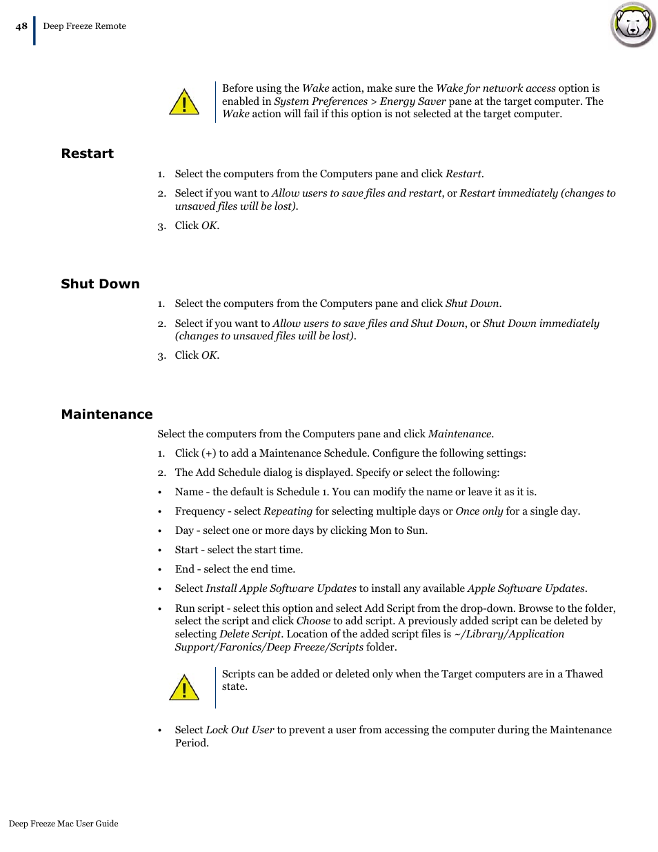 Restart, Shut down, Maintenance | Restart shut down maintenance | Faronics Deep Freeze Mac User Manual | Page 48 / 66