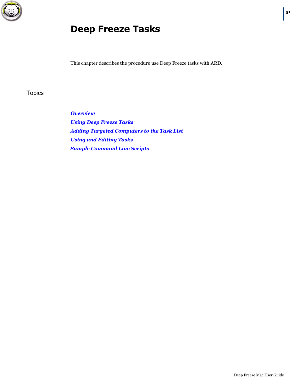 Deep freeze tasks, Deep, Freeze tasks | Faronics Deep Freeze Mac User Manual | Page 51 / 66