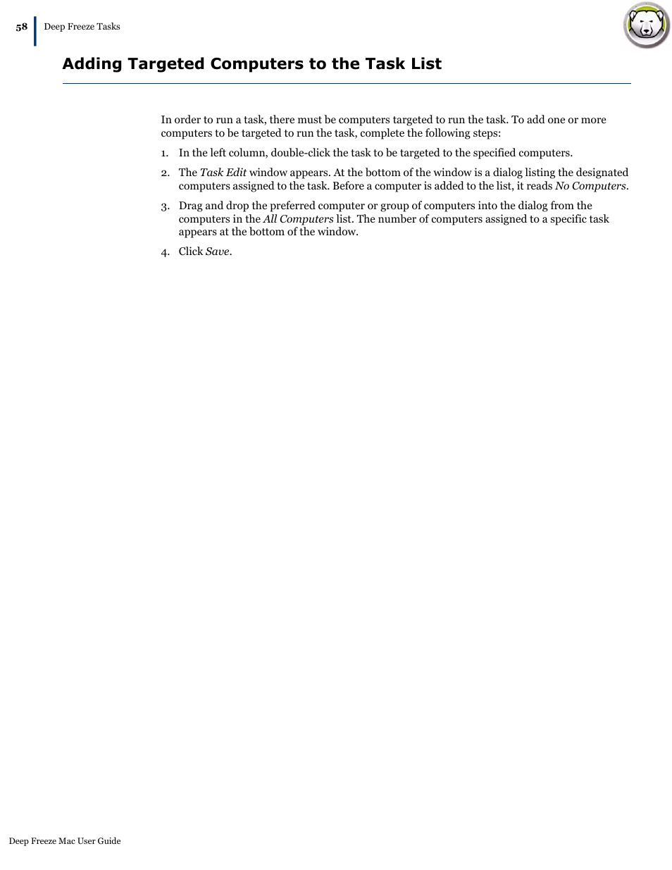Adding targeted computers to the task list | Faronics Deep Freeze Mac User Manual | Page 58 / 66
