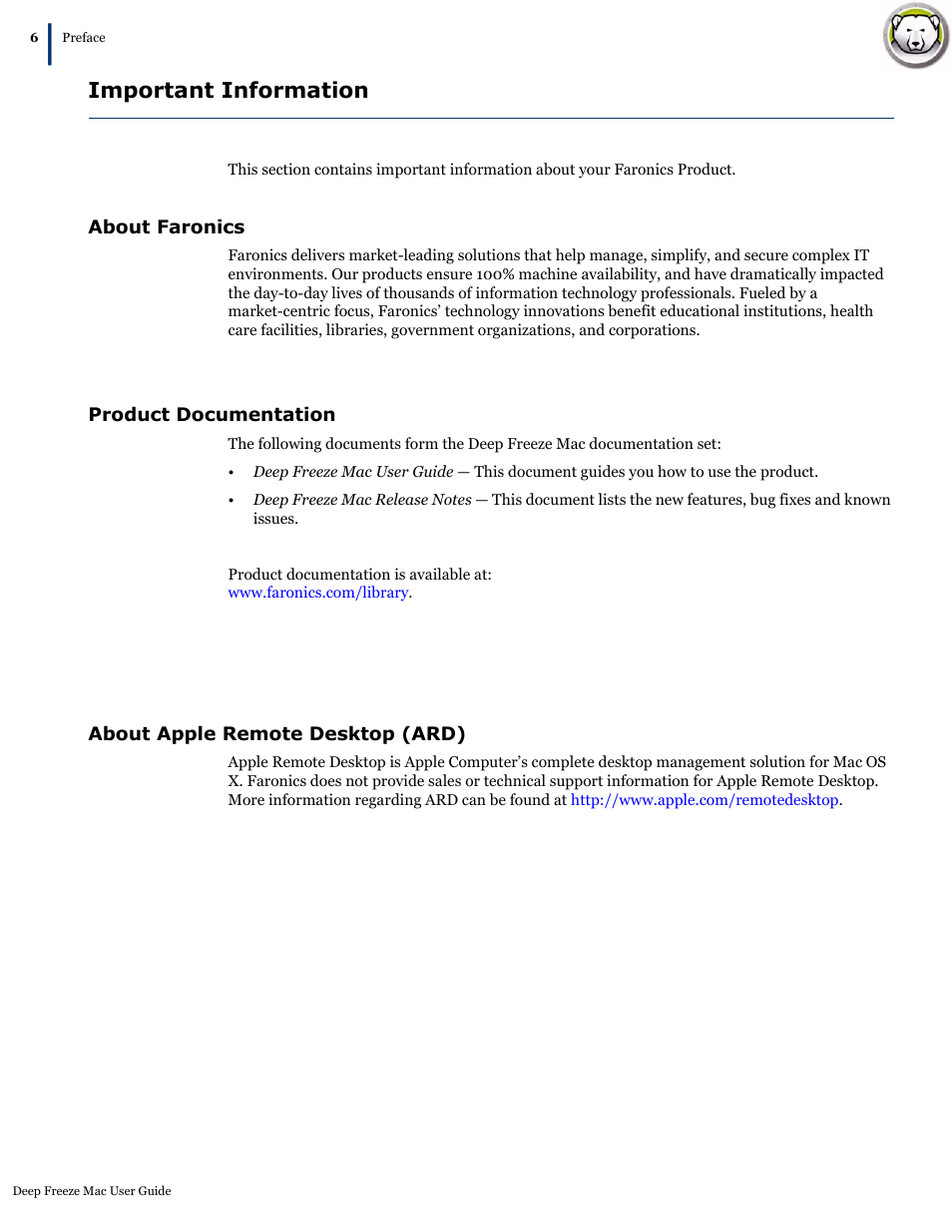 Important information, About faronics, Product documentation | About apple remote desktop (ard) | Faronics Deep Freeze Mac User Manual | Page 6 / 66