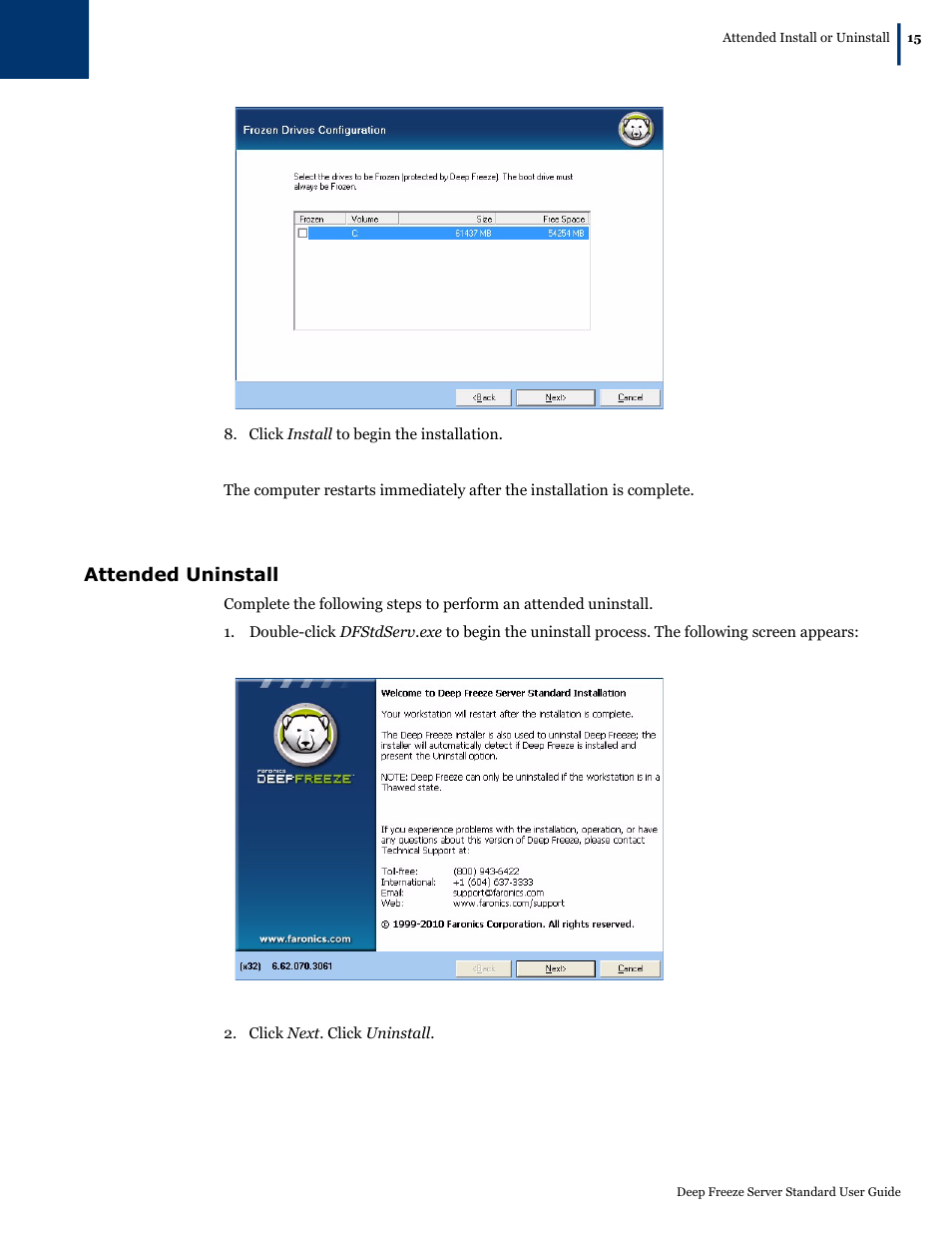 Attended uninstall | Faronics Deep Freeze Server Standard Edition User Manual | Page 15 / 28