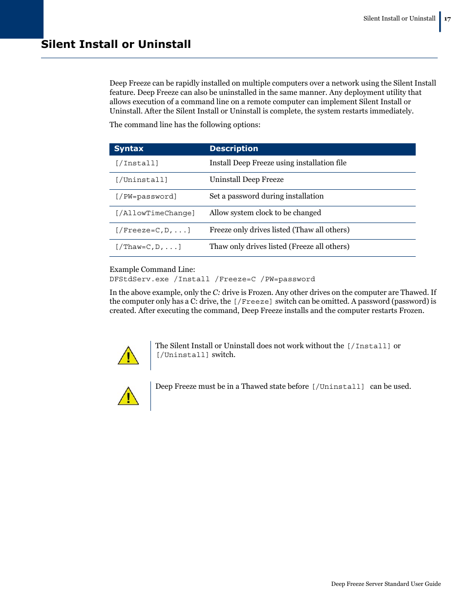 Silent install or uninstall | Faronics Deep Freeze Server Standard Edition User Manual | Page 17 / 28