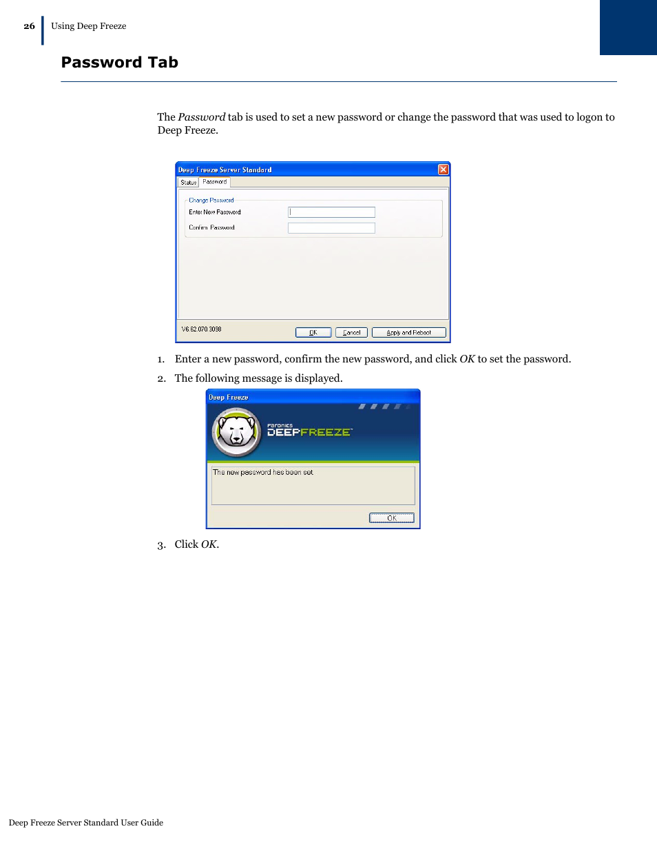 Password tab | Faronics Deep Freeze Server Standard Edition User Manual | Page 26 / 28