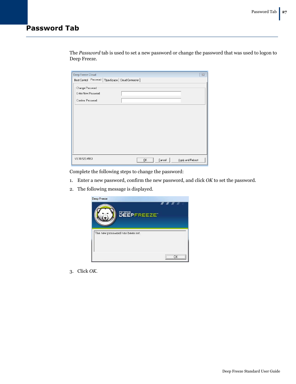 Password tab | Faronics Deep Freeze Standard User Manual | Page 27 / 32