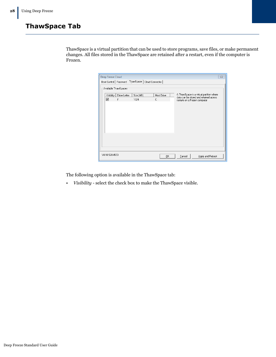 Thawspace tab | Faronics Deep Freeze Standard User Manual | Page 28 / 32