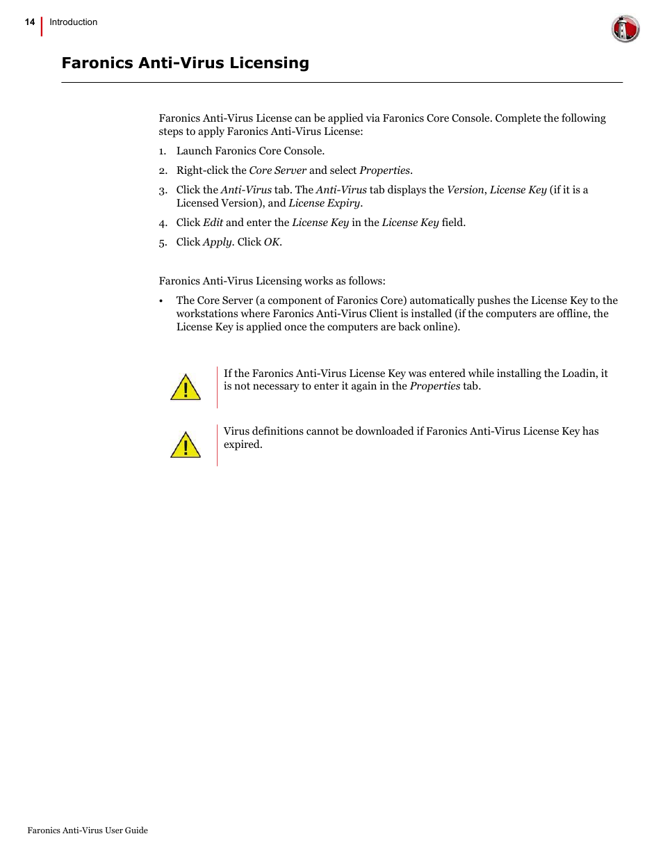 Faronics anti-virus licensing | Faronics Anti-Virus Enterprise User Manual | Page 14 / 86