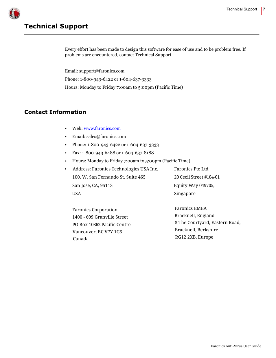 Technical support, Contact information | Faronics Anti-Virus Enterprise User Manual | Page 7 / 86