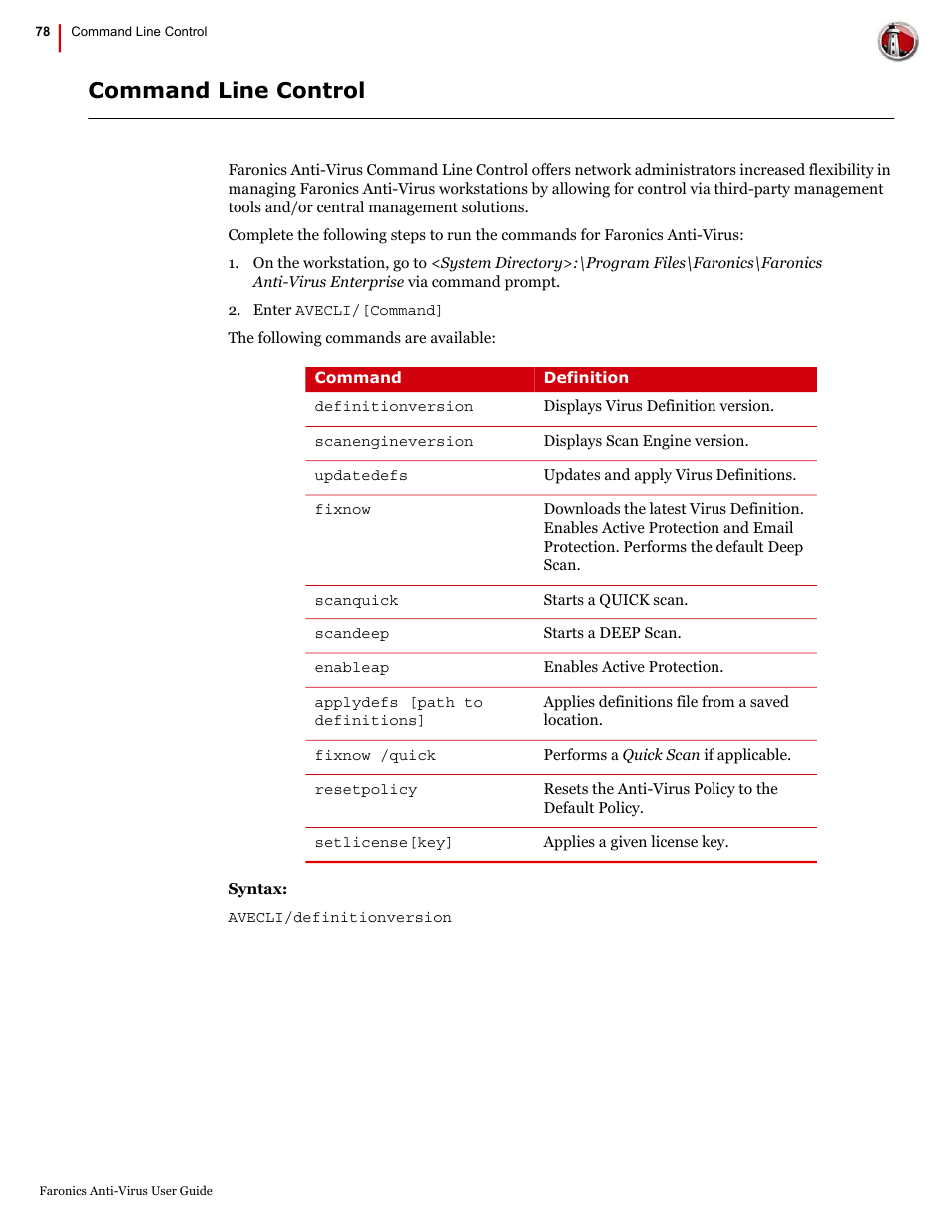 Command line control | Faronics Anti-Virus Enterprise User Manual | Page 78 / 86