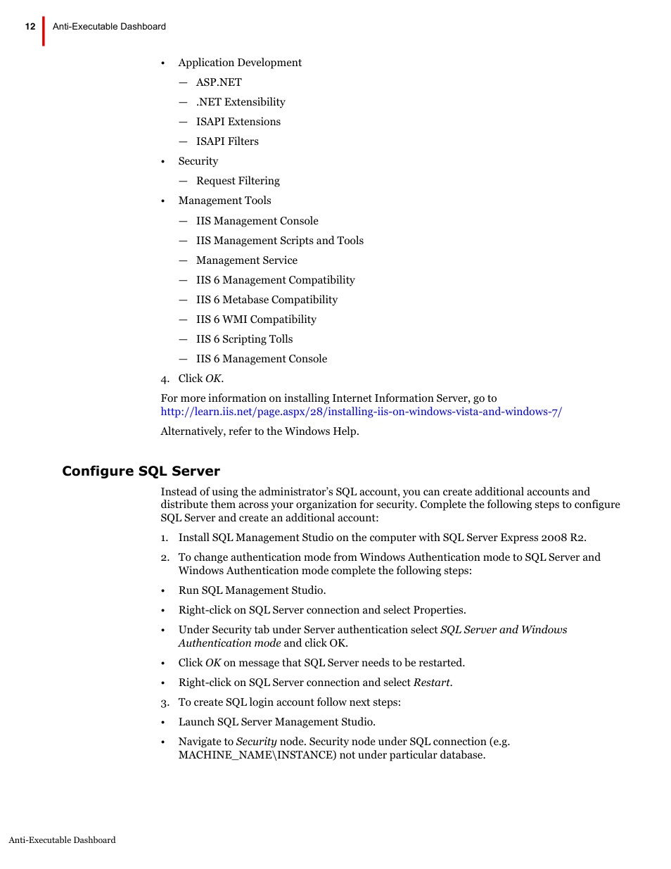 Configure sql server | Faronics Anti-Executable Dashboard User Manual | Page 12 / 17