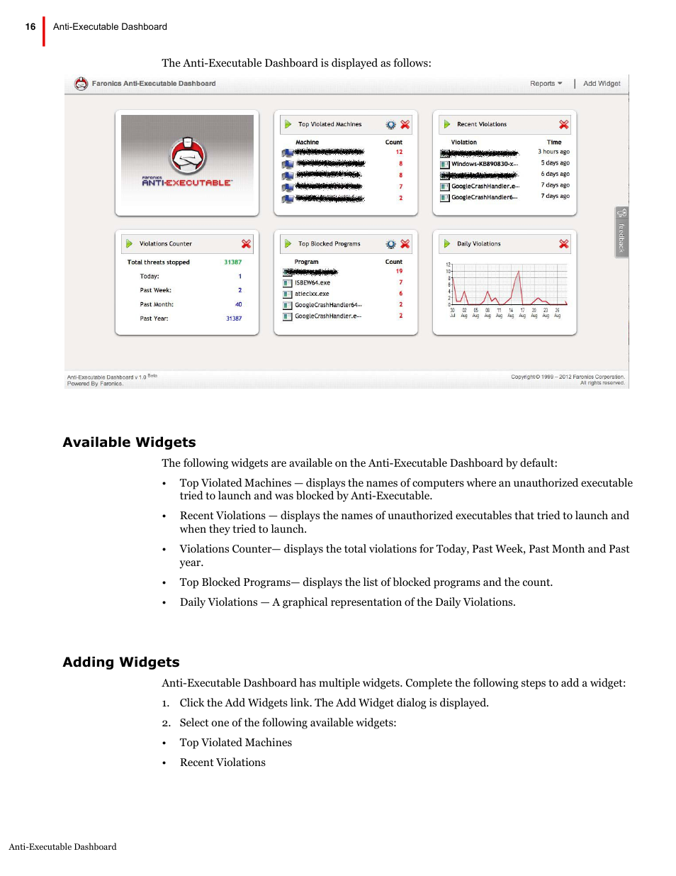 Available widgets adding widgets | Faronics Anti-Executable Dashboard User Manual | Page 16 / 17