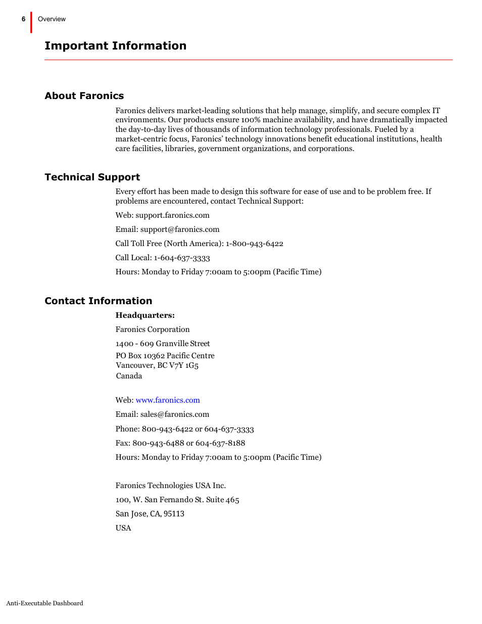 Important information | Faronics Anti-Executable Dashboard User Manual | Page 6 / 17