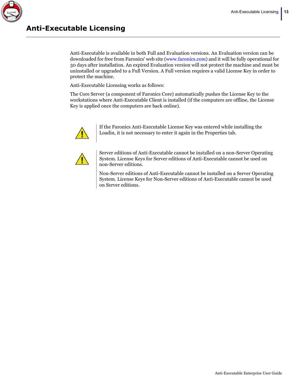 Anti-executable licensing | Faronics Anti-Executable Enterprise/Server User Manual | Page 13 / 70